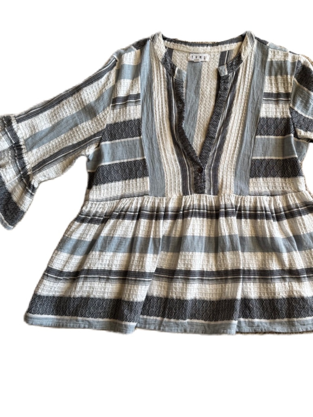 THML M Andrea striped deep V-neck bell sleeve top blue/white